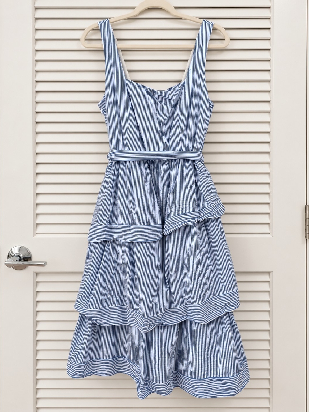 J. Crew Blue and White Striped Tiered Midi Dress